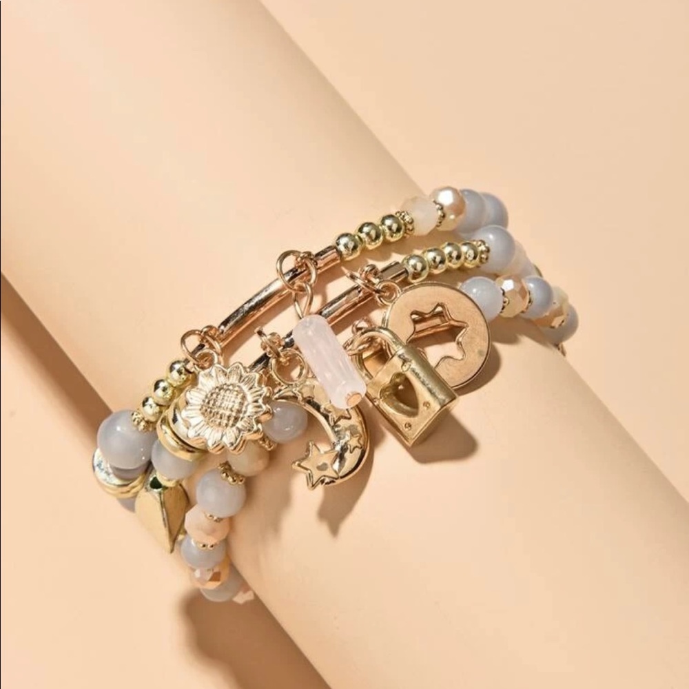3PC BOHO LOCK CHARM BEADED BRACELET